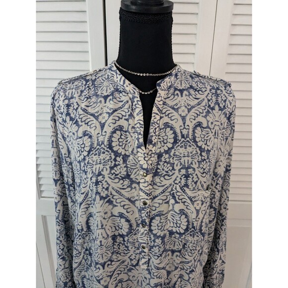 ZARA Blouse Women's Sz L Floral Blue White Button Down Tunic Boho Chic French - Picture 2 of 12